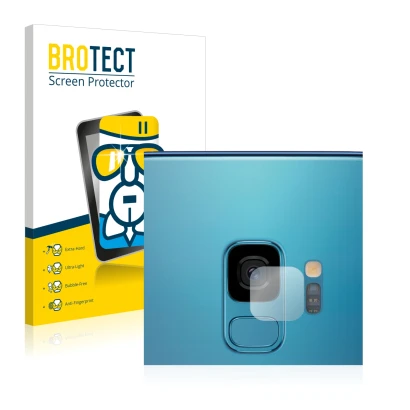 Front side of a product packaging with the brand logo BROTECT. Next to it is the device Samsung Galaxy S9 (ONLY Camera Lens) s