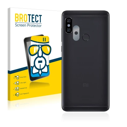 Front side of a product packaging with the brand logo BROTECT. Next to it is the device Xiaomi Redmi Note 5 (ONLY Camera Lens)
