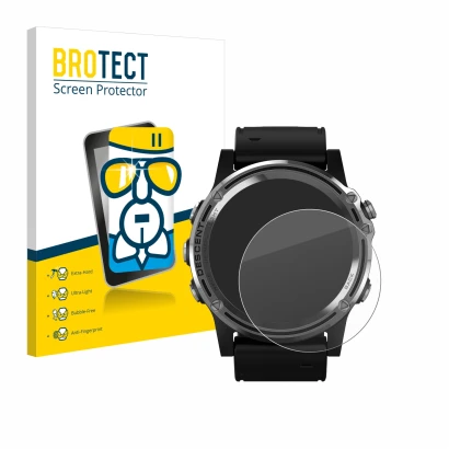 Front side of a product packaging with the brand logo BROTECT. Next to it is the device Garmin Descent Mk1 shown with the corr