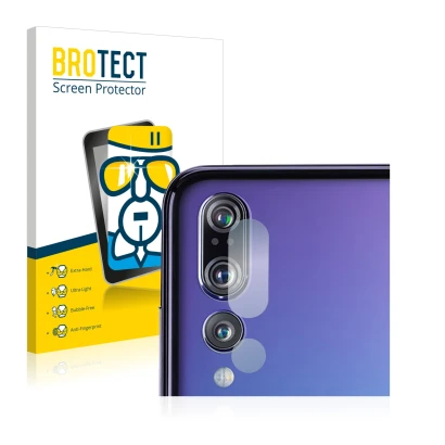 Front side of a product packaging with the brand logo BROTECT. Next to it is the device Huawei P20 Pro (ONLY Camera Lens) show