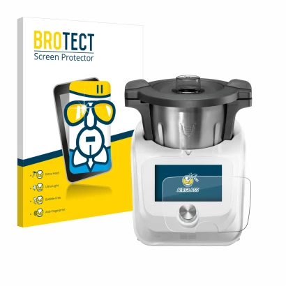 Front side of a product packaging with the brand logo BROTECT. Next to it is the device SilverCrest Monsieur Cuisine Connect s