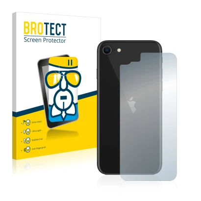 Front side of a product packaging with the brand logo BROTECT. Next to it is the device Apple iPhone SE 2 2020 (Back) shown wi