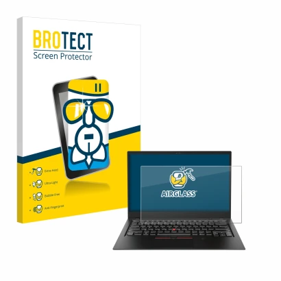 Front side of a product packaging with the brand logo BROTECT. Next to it is the device Lenovo ThinkPad X1 Carbon (6th. Gen.) 