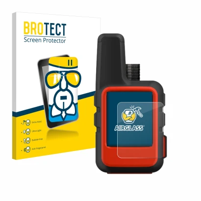 Front side of a product packaging with the brand logo BROTECT. Next to it is the device Garmin inReach Mini shown with the cor