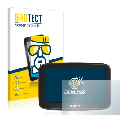 Front side of a product packaging with the brand logo BROTECT. Next to it is the device TomTom GO Basic (6") shown with the co