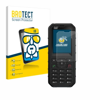 Front side of a product packaging with the brand logo BROTECT. Next to it is the device Caterpillar Cat B35 shown with the cor