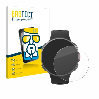 Front side of a product packaging with the brand logo BROTECT. Next to it is the device Polar Vantage V shown with the corresp
