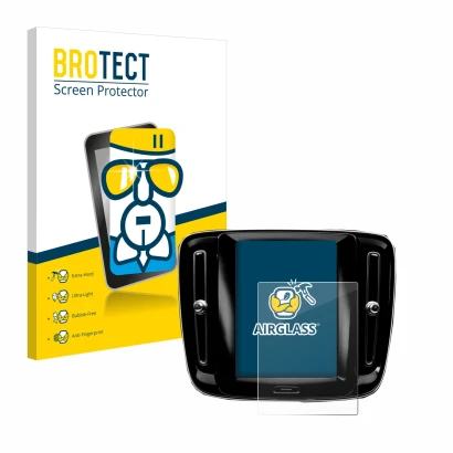 Front side of a product packaging with the brand logo BROTECT. Next to it is the device Volvo XC40 Sensus Connect 8.7" 2018-20