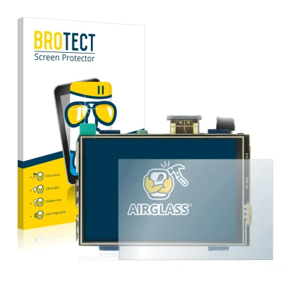 Front side of a product packaging with the brand logo BROTECT. Next to it is the device Raspberry Pi Touchscreen (3.5") shown 