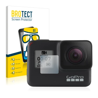 Front side of a product packaging with the brand logo BROTECT. Next to it is the device GoPro Hero 7 Black (Front display) sho