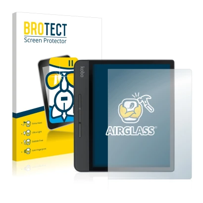 Front side of a product packaging with the brand logo BROTECT. Next to it is the device Kobo Forma shown with the correspondin