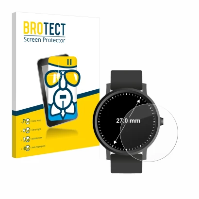 Front side of a product packaging with the brand logo BROTECT. Next to it is the device Circular Displays (ø: 27 mm) shown wit