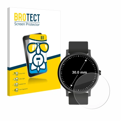 Front side of a product packaging with the brand logo BROTECT. Next to it is the device Circular Displays (ø: 30 mm) shown wit