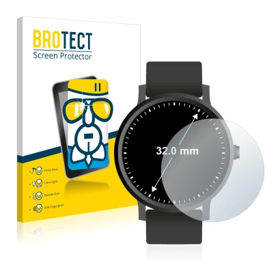 Front side of a product packaging with the brand logo BROTECT. Next to it is the device Circular Displays (ø: 32 mm) shown wit