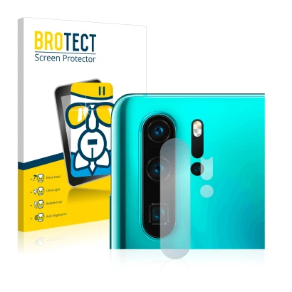 Front side of a product packaging with the brand logo BROTECT. Next to it is the device Huawei P30 Pro (ONLY Camera Lens) show