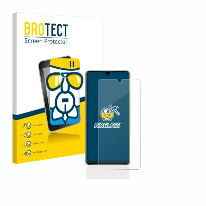 Front side of a product packaging with the brand logo BROTECT. Next to it is the device Huawei P30 shown with the correspondin
