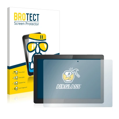 Front side of a product packaging with the brand logo BROTECT. Next to it is the device Lenovo Tab M10 TB-X605F shown with the