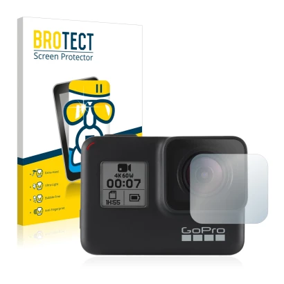 Front side of a product packaging with the brand logo BROTECT. Next to it is the device GoPro Hero 7 Black (Lens) shown with t