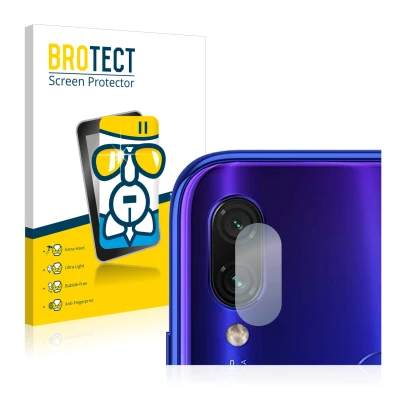 Front side of a product packaging with the brand logo BROTECT. Next to it is the device Xiaomi Redmi Note 7 (ONLY Camera Lens)
