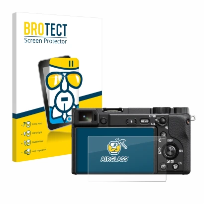 Front side of a product packaging with the brand logo BROTECT. Next to it is the device Sony Alpha 6400 shown with the corresp