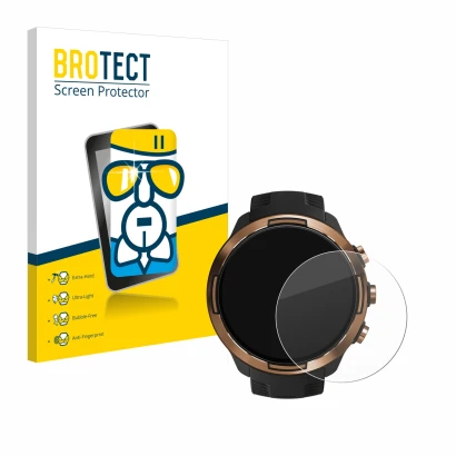 Front side of a product packaging with the brand logo BROTECT. Next to it is the device Suunto 9 Baro shown with the correspon
