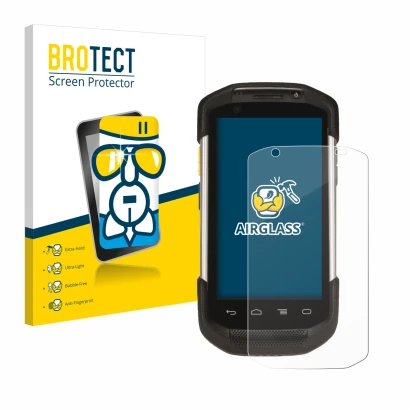 Front side of a product packaging with the brand logo BROTECT. Next to it is the device Zebra TC77 shown with the correspondin