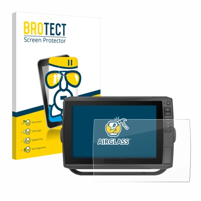 Front side of a product packaging with the brand logo BROTECT. Next to it is the device Garmin ECHOMAP Ultra 102sv shown with 