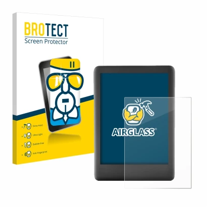 Front side of a product packaging with the brand logo BROTECT. Next to it is the device Amazon Kindle 2019 (10th Gen.) shown w