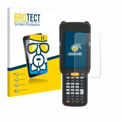 Front side of a product packaging with the brand logo BROTECT. Next to it is the device Zebra MC330 shown with the correspondi