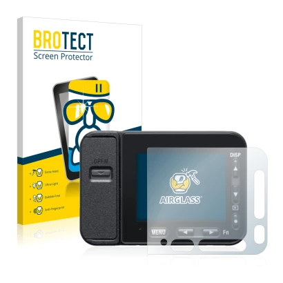 Front side of a product packaging with the brand logo BROTECT. Next to it is the device Sony DSC-RX0M2 (RX0 II) shown with the