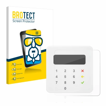 Front side of a product packaging with the brand logo BROTECT. Next to it is the device SumUp Air shown with the corresponding
