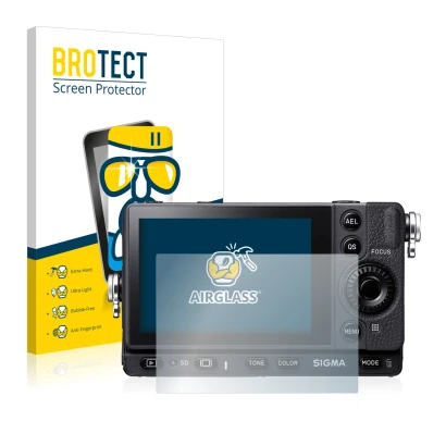 Front side of a product packaging with the brand logo BROTECT. Next to it is the device Sigma FP shown with the corresponding 