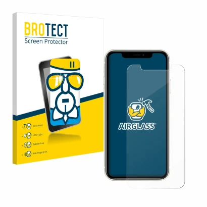 Front side of a product packaging with the brand logo BROTECT. Next to it is the device Apple iPhone 11 shown with the corresp