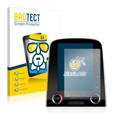 Front side of a product packaging with the brand logo BROTECT. Next to it is the device Renault Espace R-Link 2 8.7" shown wit