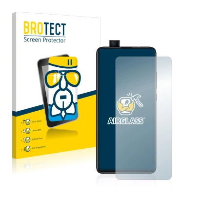 Front side of a product packaging with the brand logo BROTECT. Next to it is the device Xiaomi Mi 9T Pro shown with the corres
