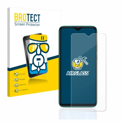 Front side of a product packaging with the brand logo BROTECT. Next to it is the device Xiaomi Redmi Note 8 Pro shown with the