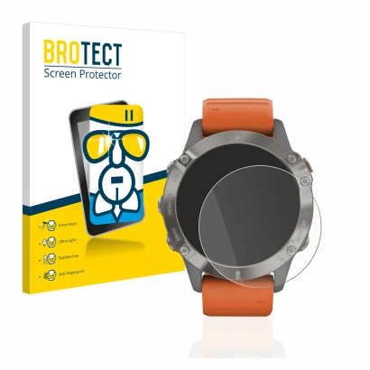 Front side of a product packaging with the brand logo BROTECT. Next to it is the device Garmin Fenix 6 Pro shown with the corr