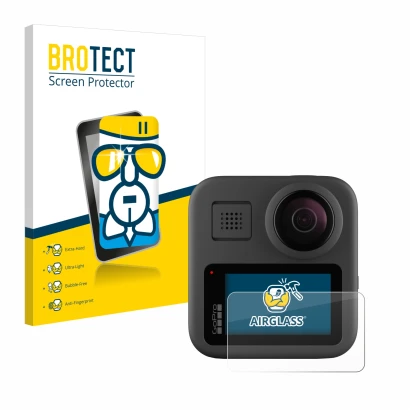 Front side of a product packaging with the brand logo BROTECT. Next to it is the device GoPro Max shown with the corresponding