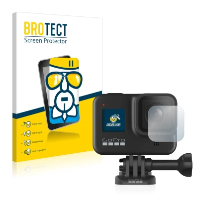 Front side of a product packaging with the brand logo BROTECT. Next to it is the device GoPro Hero 8 Black (Lens) shown with t