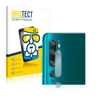Front side of a product packaging with the brand logo BROTECT. Next to it is the device Xiaomi Mi Note 10 Pro (ONLY Camera Len
