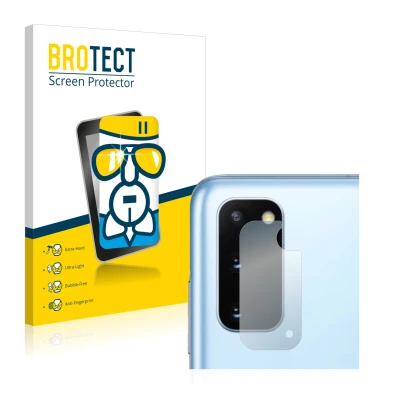 Front side of a product packaging with the brand logo BROTECT. Next to it is the device Samsung Galaxy S20 (ONLY Camera Lens) 