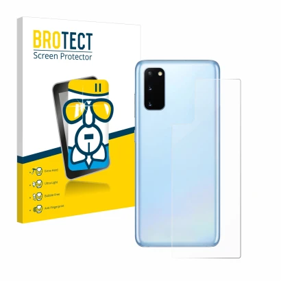 Front side of a product packaging with the brand logo BROTECT. Next to it is the device Samsung Galaxy S20 (Back) shown with t