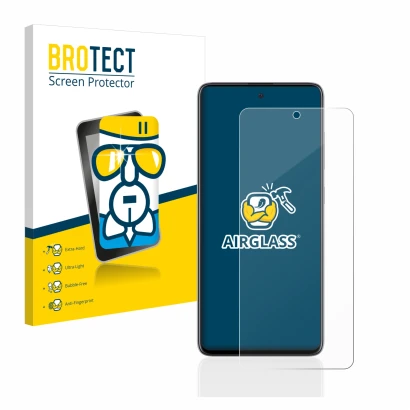Front side of a product packaging with the brand logo BROTECT. Next to it is the device Samsung Galaxy A51 shown with the corr