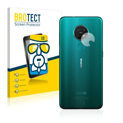 Front side of a product packaging with the brand logo BROTECT. Next to it is the device Nokia 7.2 (ONLY Camera Lens) shown wit