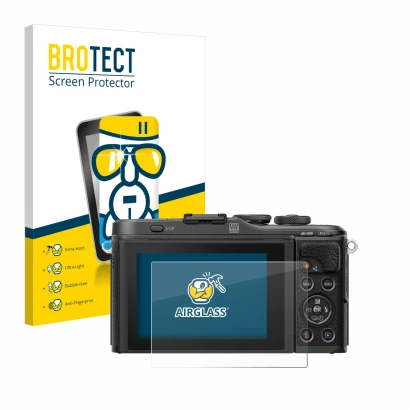 Front side of a product packaging with the brand logo BROTECT. Next to it is the device Olympus PEN E-PL10 shown with the corr