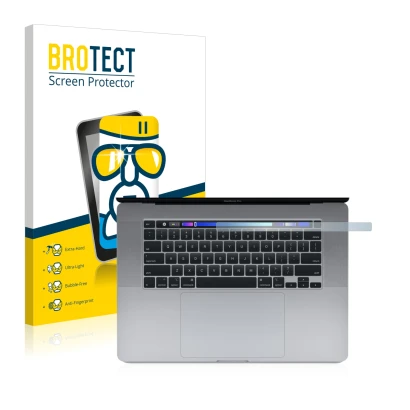 Front side of a product packaging with the brand logo BROTECT. Next to it is the device Apple MacBook Pro 16" 2019 (ONLY Touch