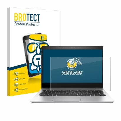 Front side of a product packaging with the brand logo BROTECT. Next to it is the device HP EliteBook 840 G6 shown with the cor