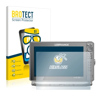 Front side of a product packaging with the brand logo BROTECT. Next to it is the device Lowrance HDS Live 12" shown with the c