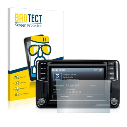 Front side of a product packaging with the brand logo BROTECT. Next to it is the device Volkswagen Amarok Discover Media 6.5" 