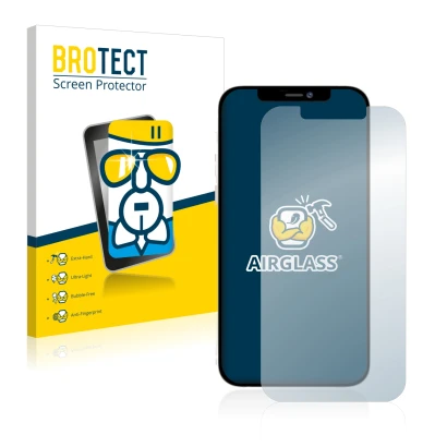 Front side of a product packaging with the brand logo BROTECT. Next to it is the device Apple iPhone 12 Pro Max shown with the